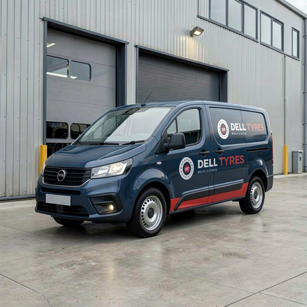 Dell Tyres branded van outside the London warehouse representing the wholesale delivery operation.
