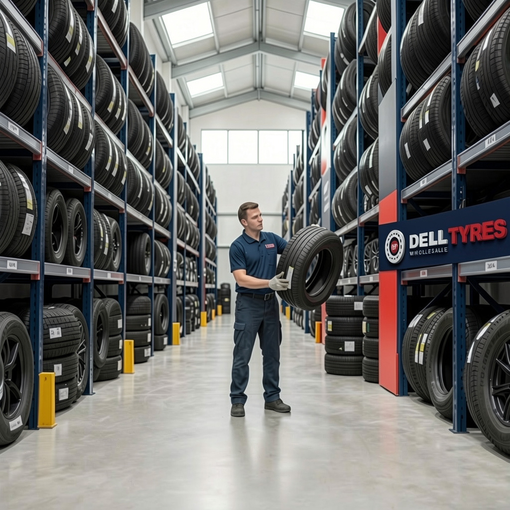 Stacks of wholesale tyres in the Dell Tyres warehouse ready for trade orders.